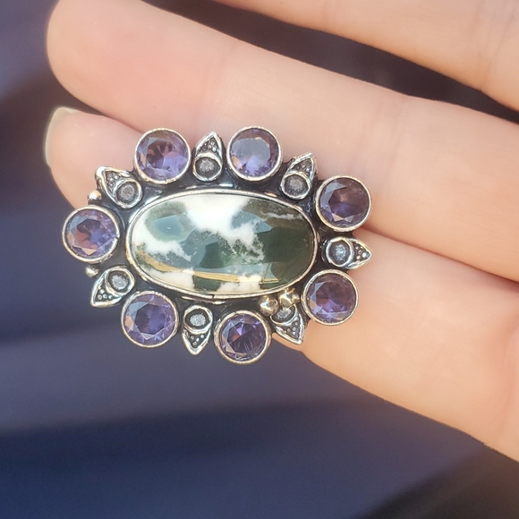 New Tree Agate and Amethyst 925 Silver Statement Ring. - Picture 11 of 16
